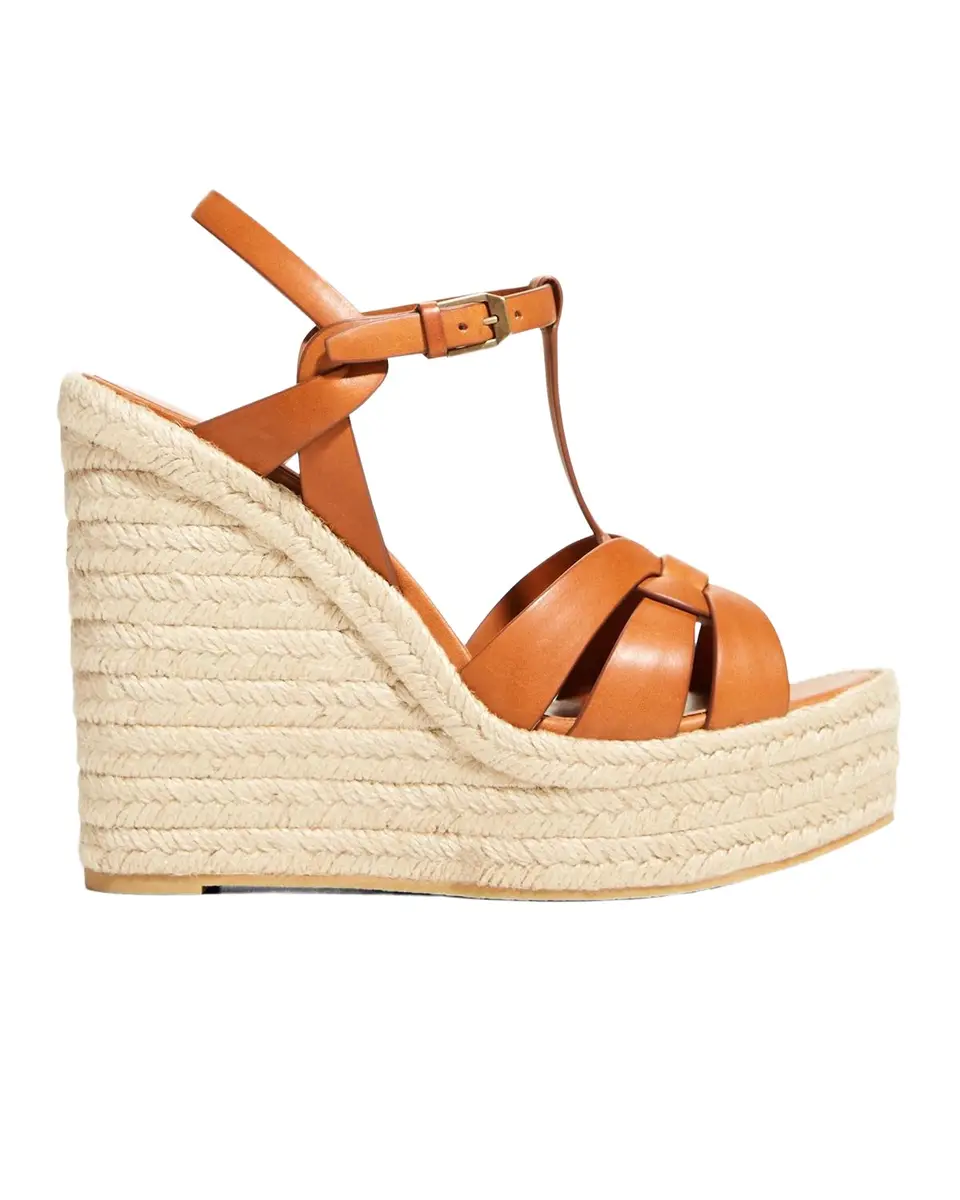 Saint Laurent Calfskin T-Strap Espadrille Platform Sandals