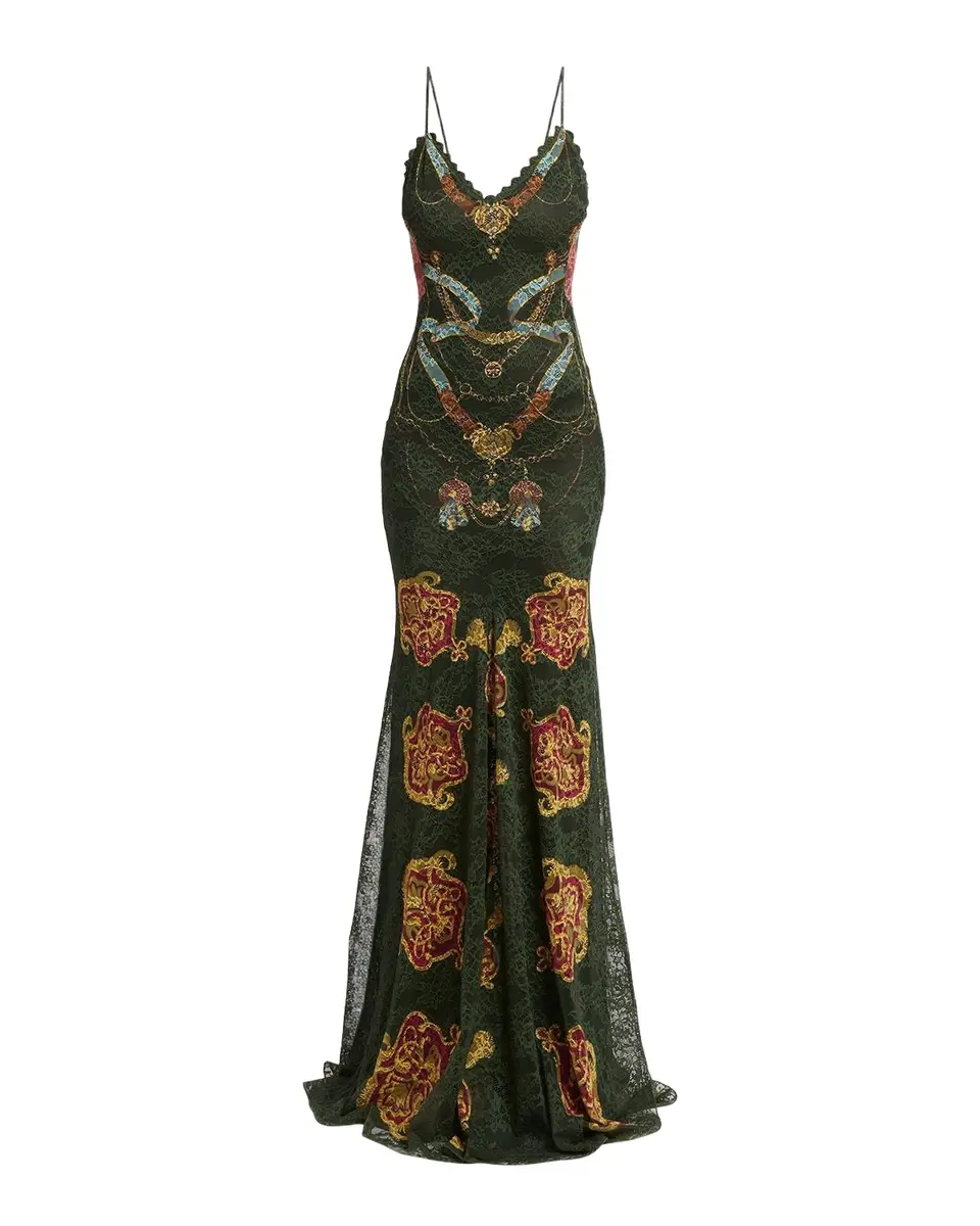 Sleeveless Chain-Print Lace Trumpet Maxi Dress