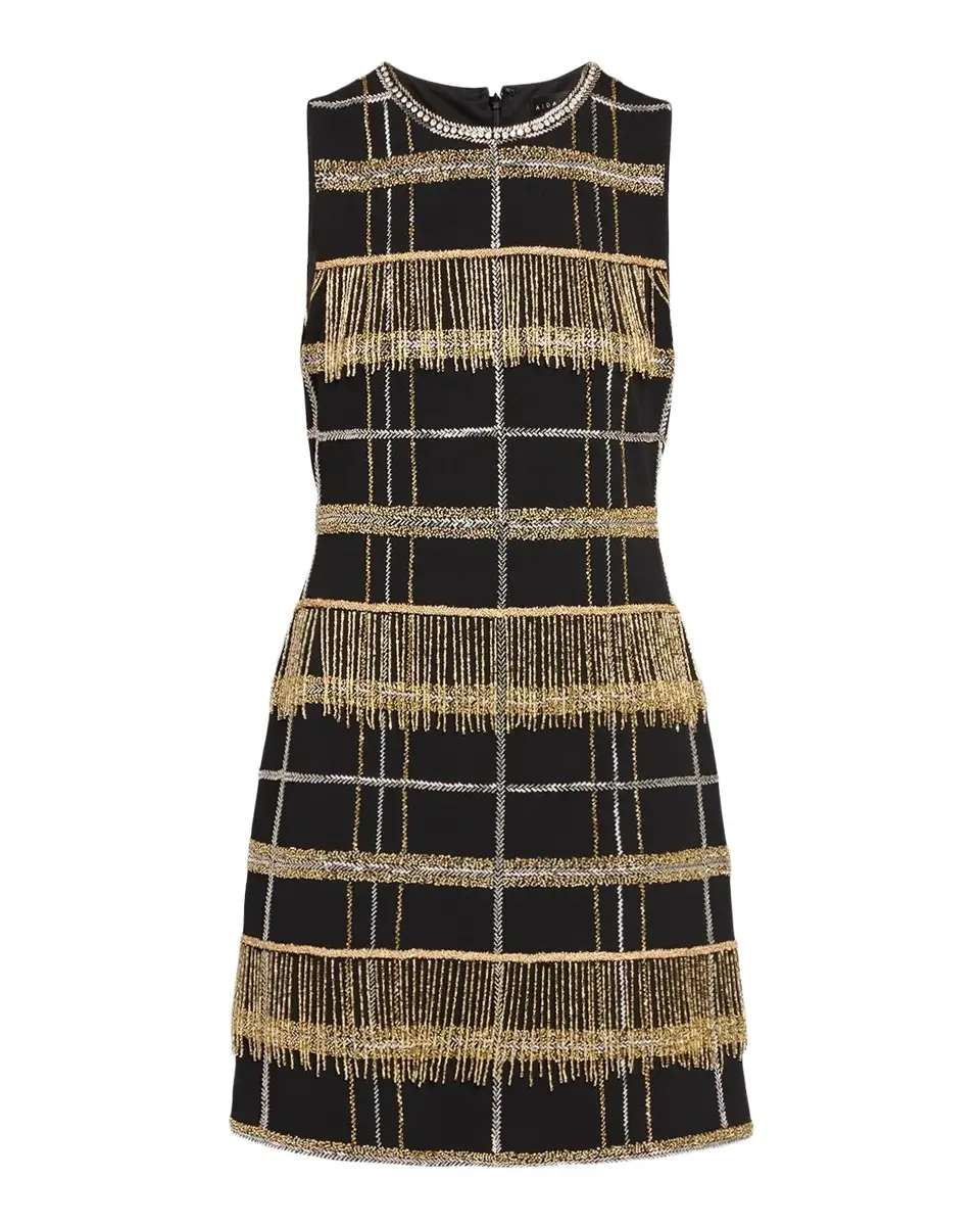 Aidan Mattox Beaded Plaid Fringed Dress