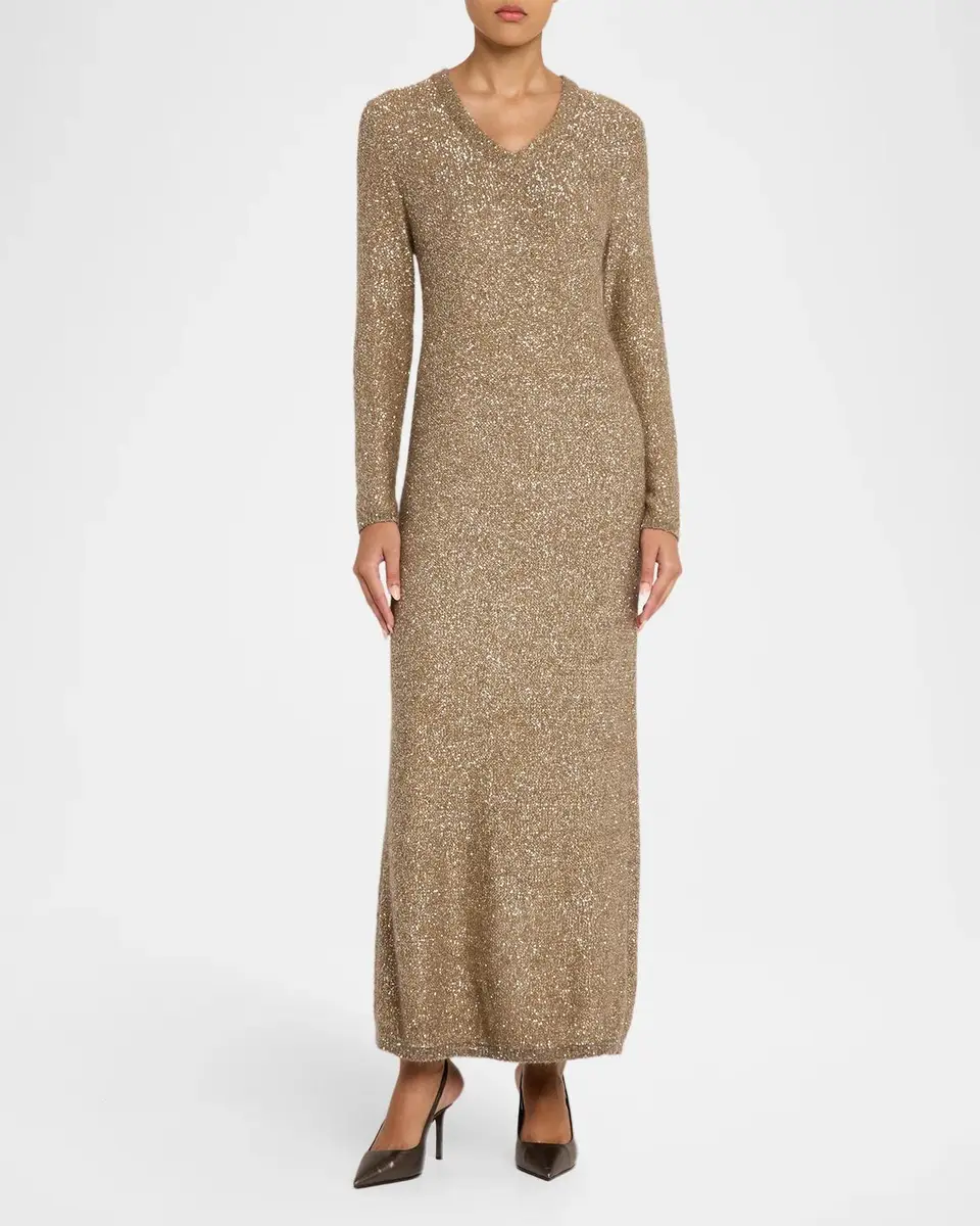 Brunello Cucinelli Mohair Diamante Knit Long-Sleeve Maxi Dress | Thumbnail 2 Brunello Cucinelli Mohair Diamante Knit Long-Sleeve Maxi Dress | Thumbnail 2