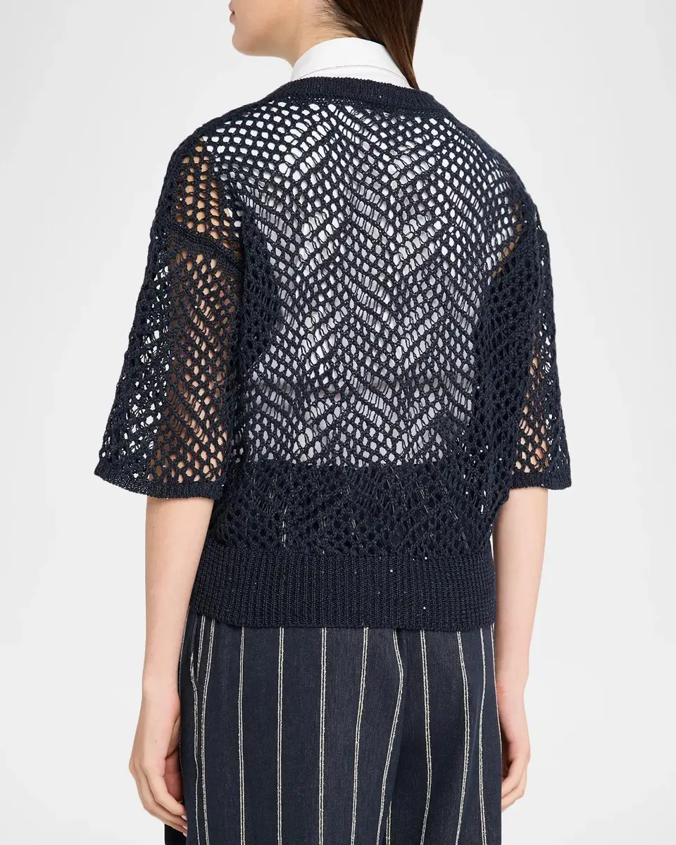 Brunello Cucinelli Linen Diamante Open Knit Short-Sleeve Sweater | Thumbnail 3