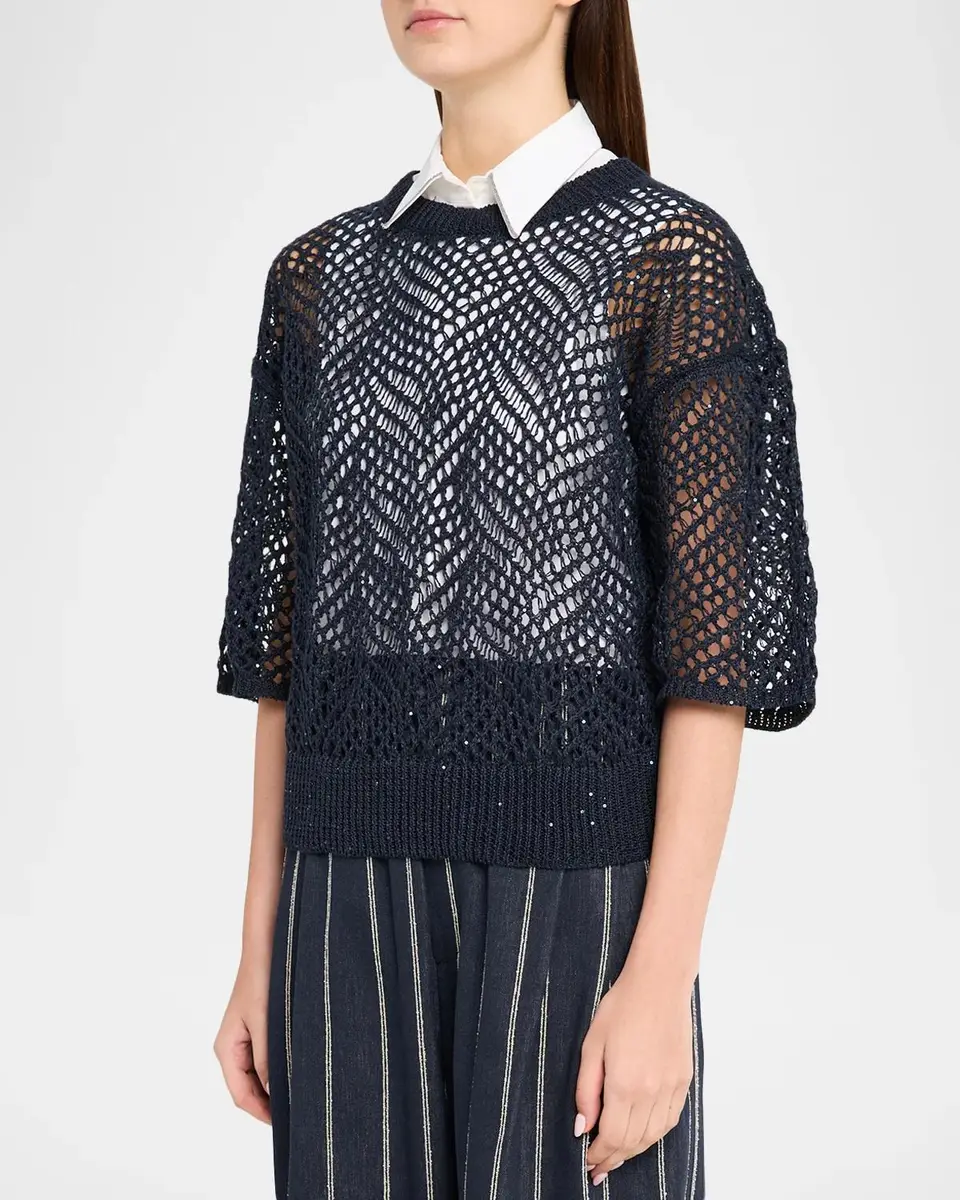 Brunello Cucinelli Linen Diamante Open Knit Short-Sleeve Sweater | Thumbnail 4
