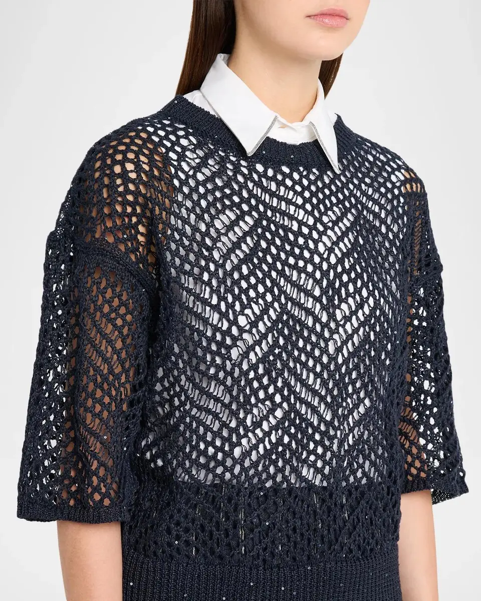 Brunello Cucinelli Linen Diamante Open Knit Short-Sleeve Sweater | Thumbnail 5