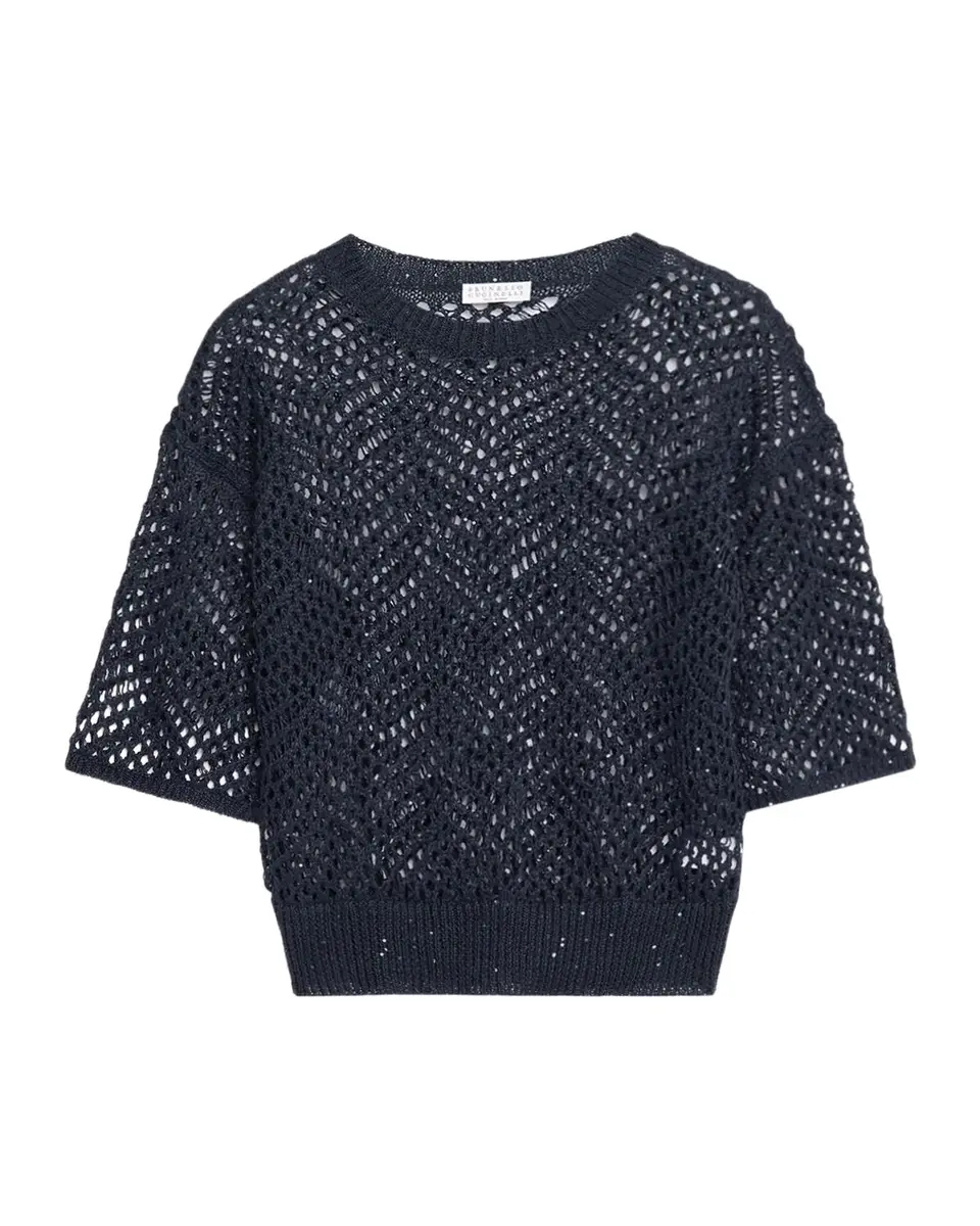 Linen Diamante Open Knit Short-Sleeve Sweater Linen Diamante Open Knit Short-Sleeve Sweater
