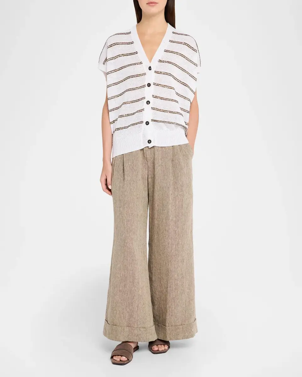 Brunello Cucinelli Shimmering Striped Linen-Cotton Short-Sleeve Cardigan | Thumbnail 2 Brunello Cucinelli Shimmering Striped Linen-Cotton Short-Sleeve Cardigan | Thumbnail 2