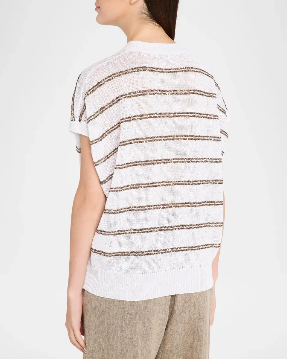 Brunello Cucinelli Shimmering Striped Linen-Cotton Short-Sleeve Cardigan | Thumbnail 3 Brunello Cucinelli Shimmering Striped Linen-Cotton Short-Sleeve Cardigan | Thumbnail 3
