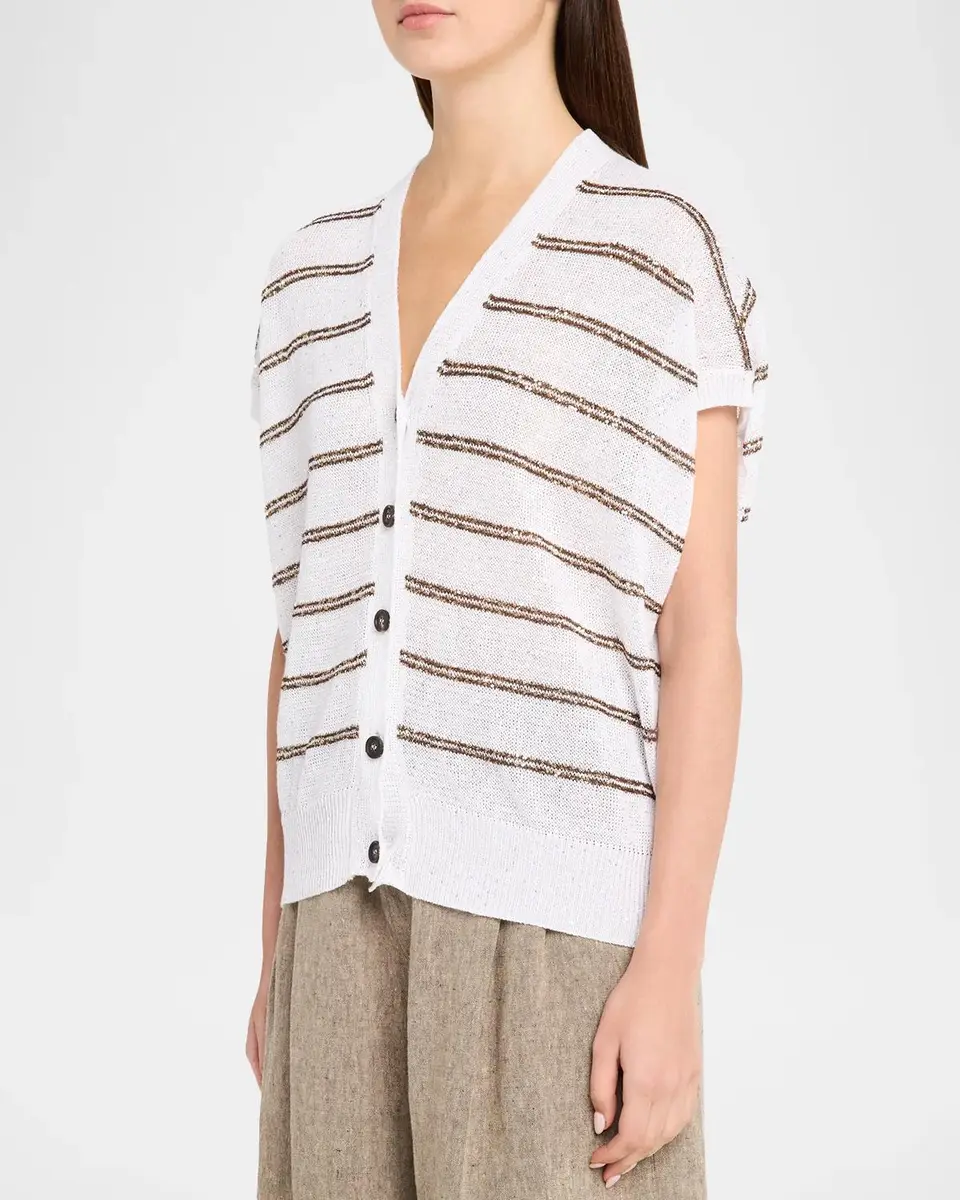 Brunello Cucinelli Shimmering Striped Linen-Cotton Short-Sleeve Cardigan | Thumbnail 4 Brunello Cucinelli Shimmering Striped Linen-Cotton Short-Sleeve Cardigan | Thumbnail 4