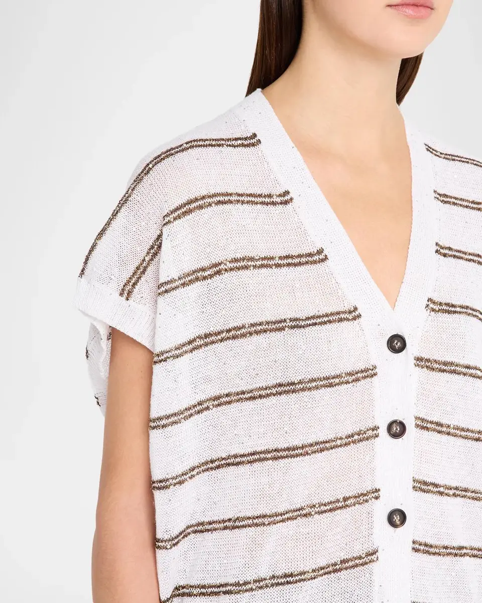 Brunello Cucinelli Shimmering Striped Linen-Cotton Short-Sleeve Cardigan | Thumbnail 5 Brunello Cucinelli Shimmering Striped Linen-Cotton Short-Sleeve Cardigan | Thumbnail 5