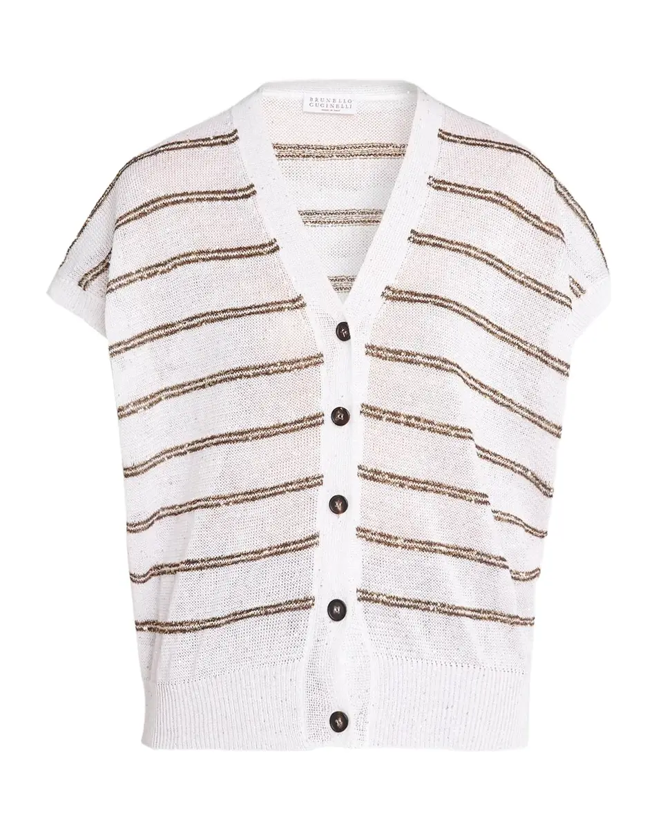 Shimmering Striped Linen-Cotton Short-Sleeve Cardigan Shimmering Striped Linen-Cotton Short-Sleeve Cardigan