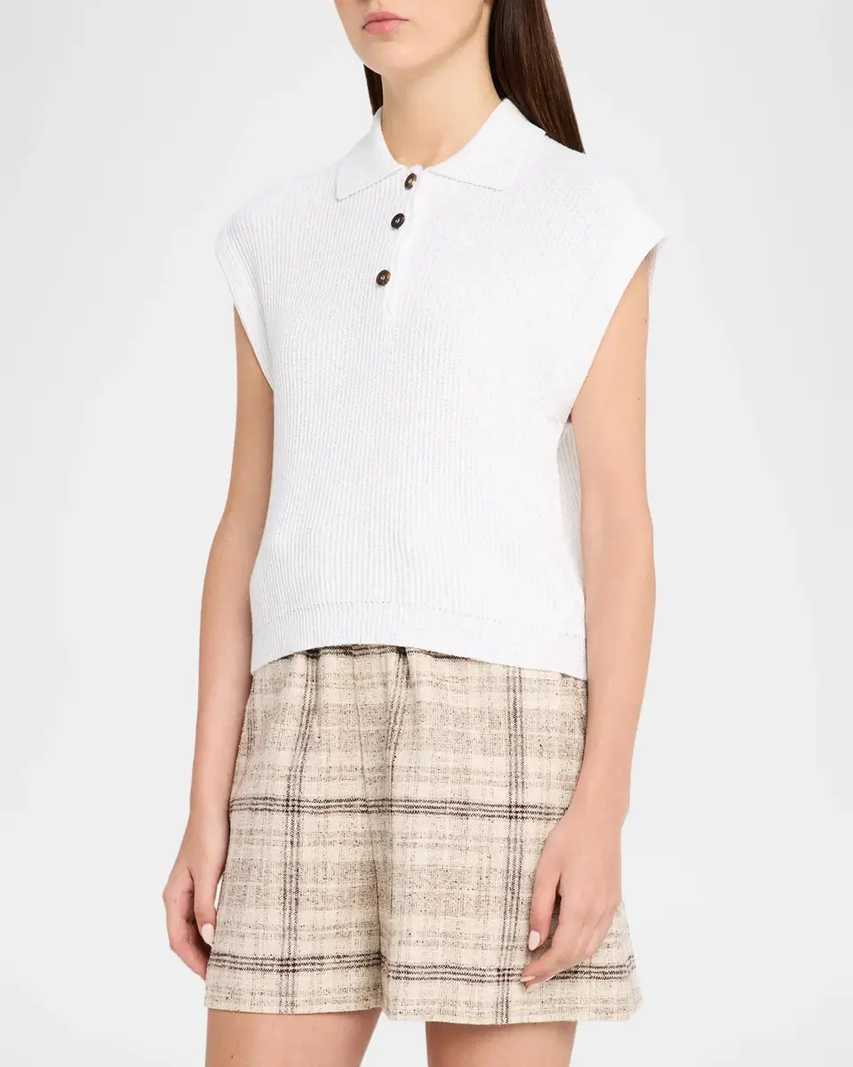 Brunello Cucinelli Sparkling Linen-Cotton Rib Sleeveless Polo Sweater | Thumbnail 4