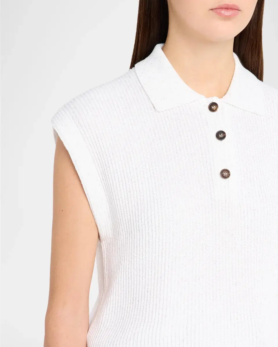 Brunello Cucinelli Sparkling Linen-Cotton Rib Sleeveless Polo Sweater | Thumbnail 5