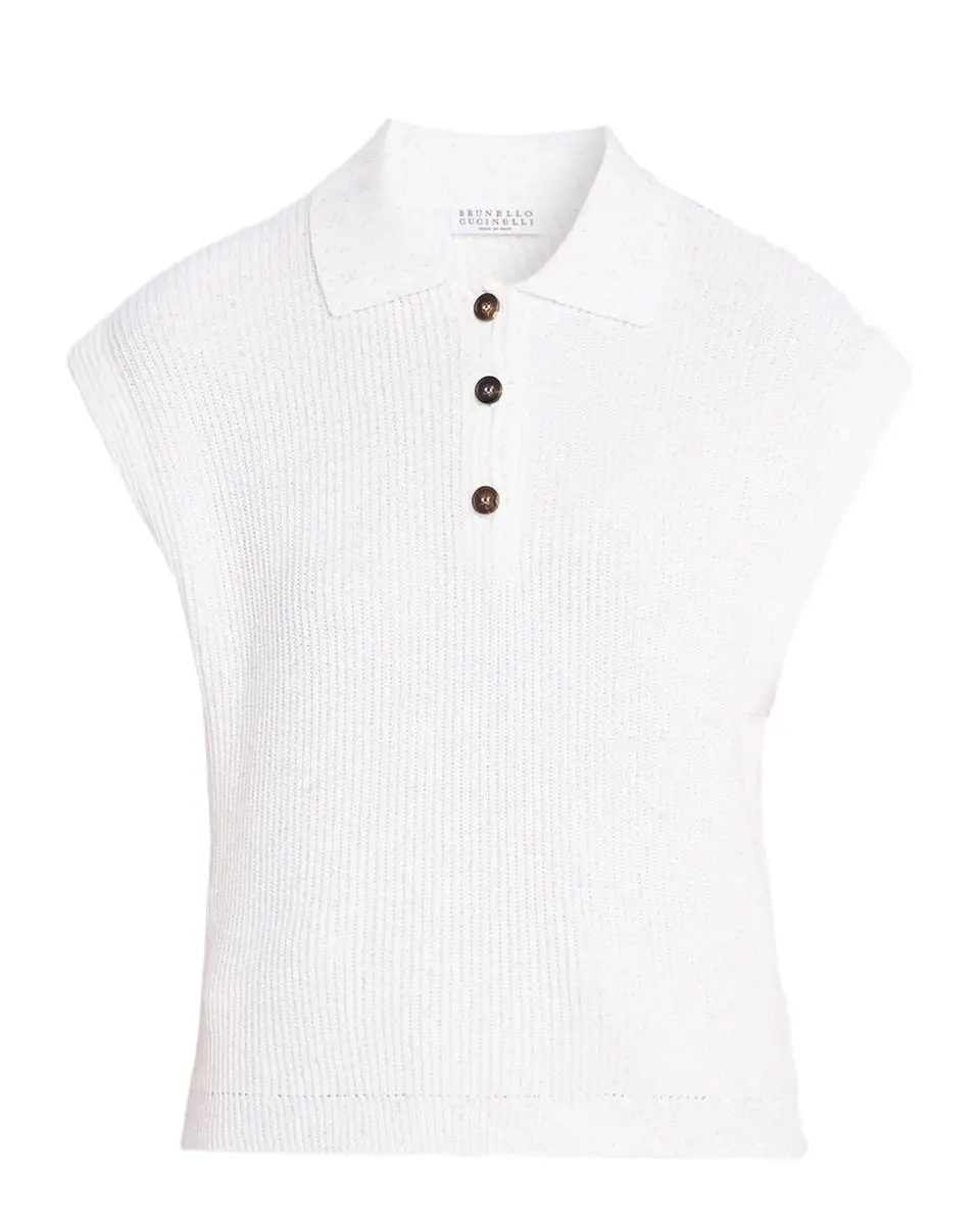 Sparkling Linen-Cotton Rib Sleeveless Polo Sweater Sparkling Linen-Cotton Rib Sleeveless Polo Sweater