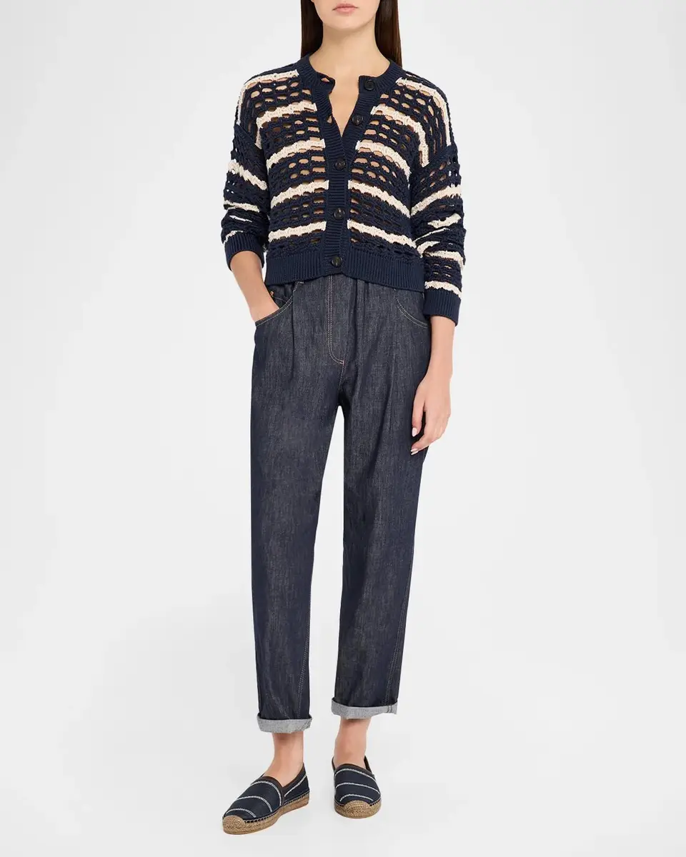 Brunello Cucinelli Striped Cotton Crochet Knit Crewneck Cardigan | Thumbnail 2 Brunello Cucinelli Striped Cotton Crochet Knit Crewneck Cardigan | Thumbnail 2