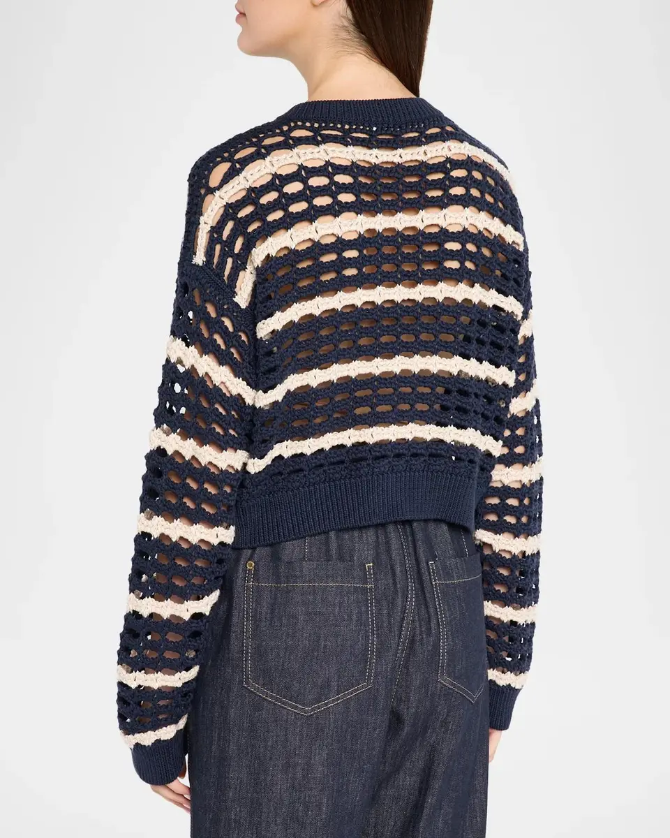Brunello Cucinelli Striped Cotton Crochet Knit Crewneck Cardigan | Thumbnail 3 Brunello Cucinelli Striped Cotton Crochet Knit Crewneck Cardigan | Thumbnail 3