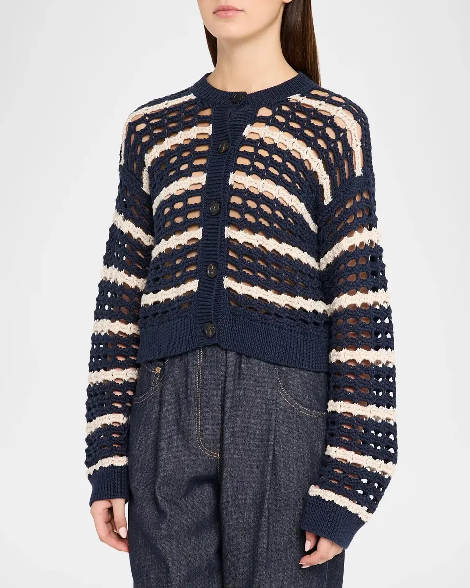Brunello Cucinelli Striped Cotton Crochet Knit Crewneck Cardigan | Thumbnail 4 Brunello Cucinelli Striped Cotton Crochet Knit Crewneck Cardigan | Thumbnail 4