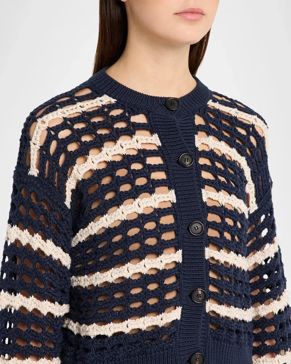 Brunello Cucinelli Striped Cotton Crochet Knit Crewneck Cardigan | Thumbnail 5 Brunello Cucinelli Striped Cotton Crochet Knit Crewneck Cardigan | Thumbnail 5