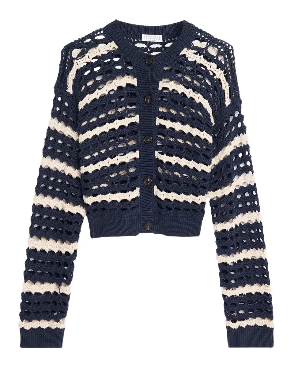 Striped Cotton Crochet Knit Crewneck Cardigan Striped Cotton Crochet Knit Crewneck Cardigan