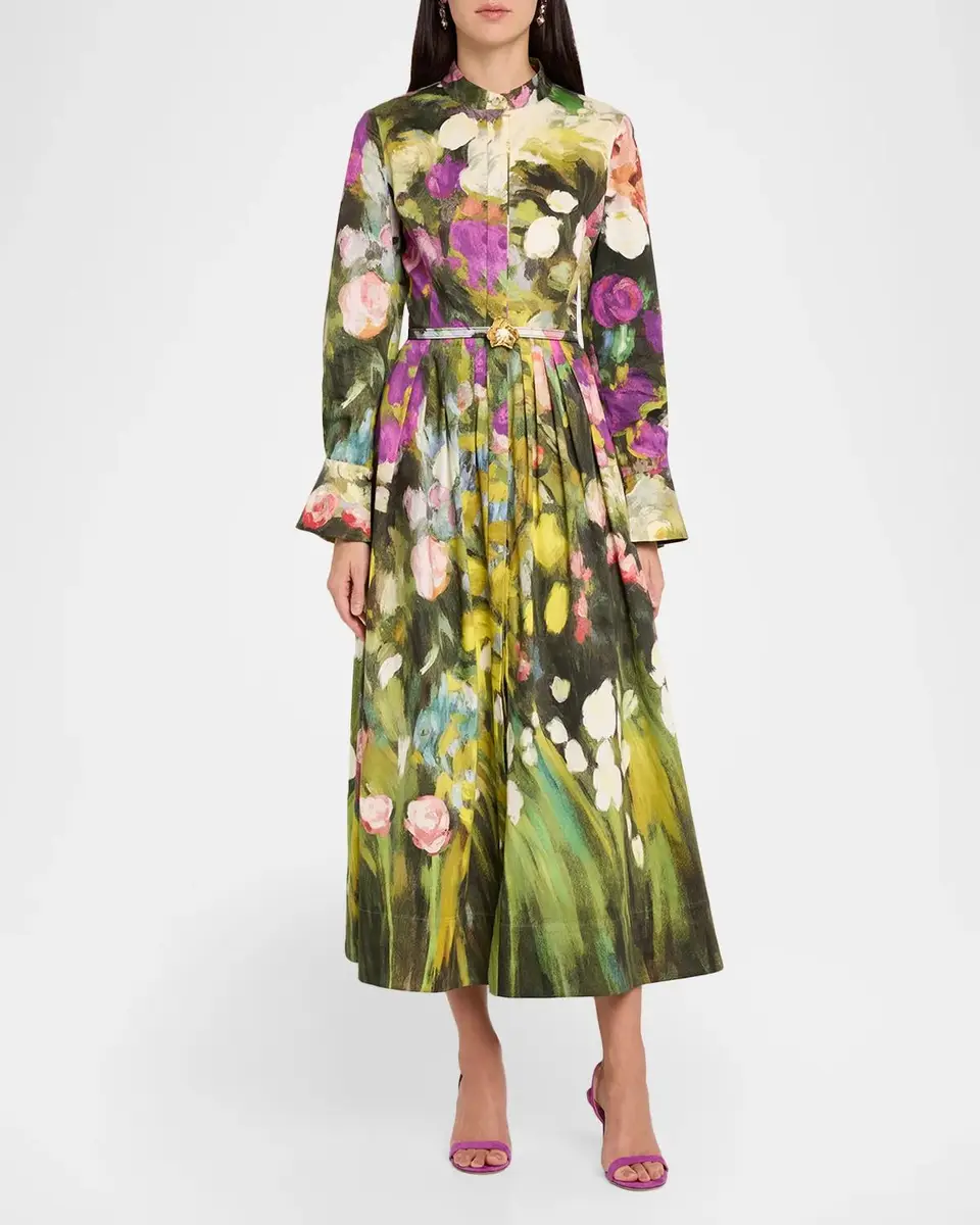 Oscar de la Renta Abstract Garden Cotton Poplin Pleated Midi Day Dress With Belt | Thumbnail 2 Oscar de la Renta Abstract Garden Cotton Poplin Pleated Midi Day Dress With Belt | Thumbnail 2