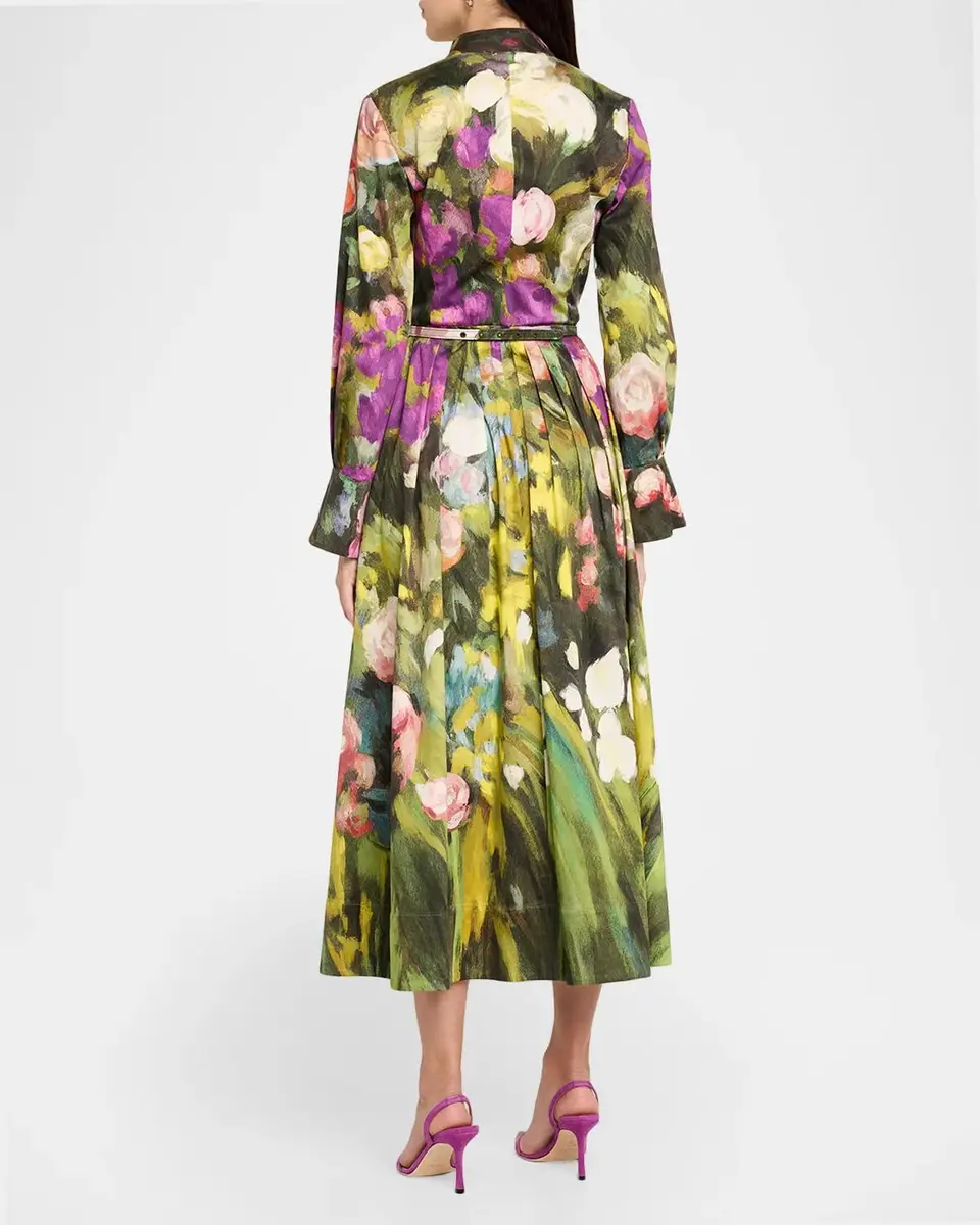 Oscar de la Renta Abstract Garden Cotton Poplin Pleated Midi Day Dress With Belt | Thumbnail 3 Oscar de la Renta Abstract Garden Cotton Poplin Pleated Midi Day Dress With Belt | Thumbnail 3