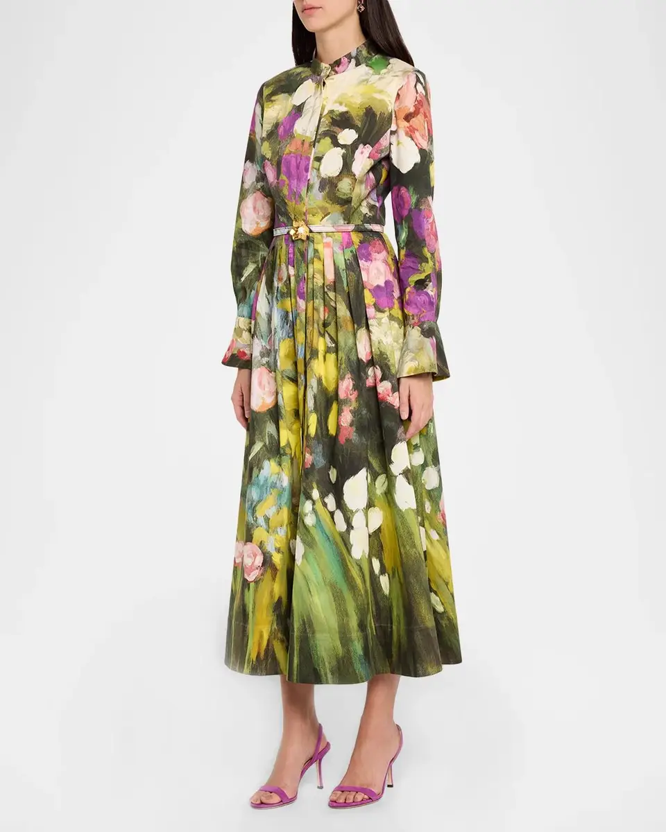 Oscar de la Renta Abstract Garden Cotton Poplin Pleated Midi Day Dress With Belt | Thumbnail 4 Oscar de la Renta Abstract Garden Cotton Poplin Pleated Midi Day Dress With Belt | Thumbnail 4