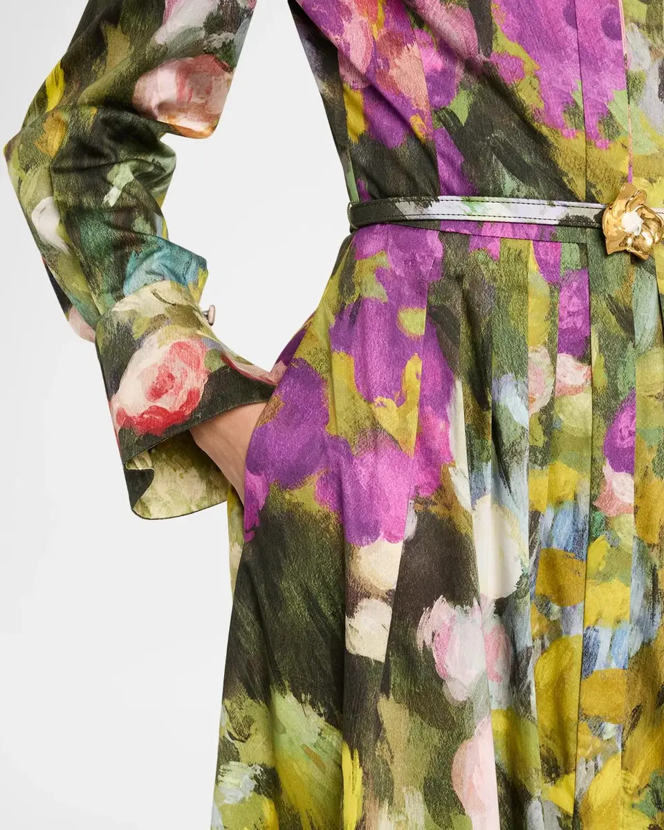 Oscar de la Renta Abstract Garden Cotton Poplin Pleated Midi Day Dress With Belt | Thumbnail 5 Oscar de la Renta Abstract Garden Cotton Poplin Pleated Midi Day Dress With Belt | Thumbnail 5