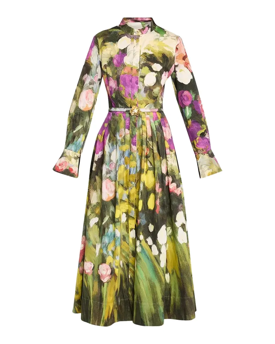 Oscar de la Renta Abstract Garden Cotton Poplin Pleated Midi Day Dress With Belt