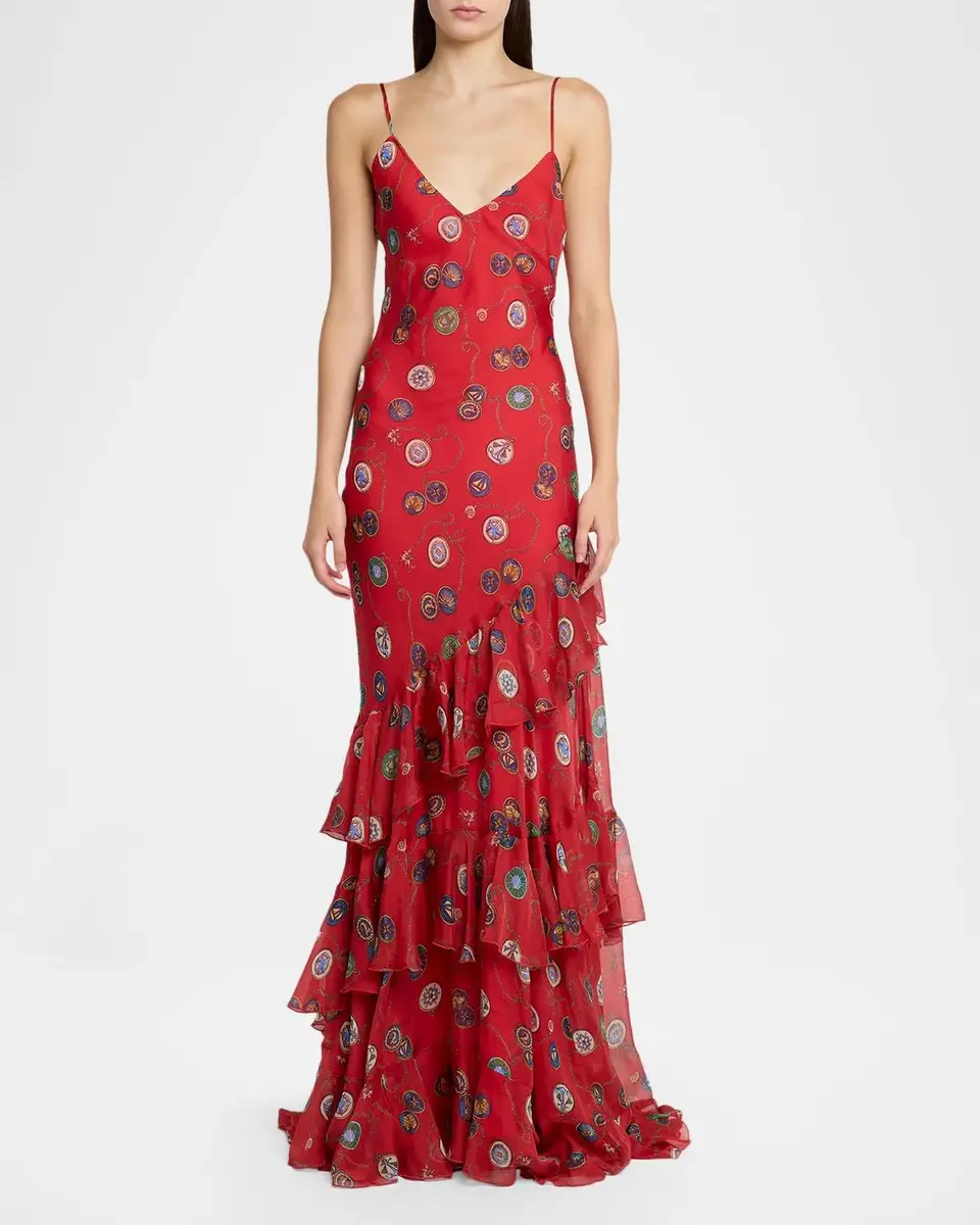 Etro Nautical-Print Silk Chiffon Tiered Ruffle Maxi Slip Dress | Thumbnail 2