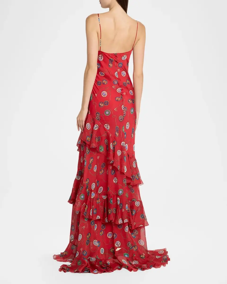 Etro Nautical-Print Silk Chiffon Tiered Ruffle Maxi Slip Dress | Thumbnail 3