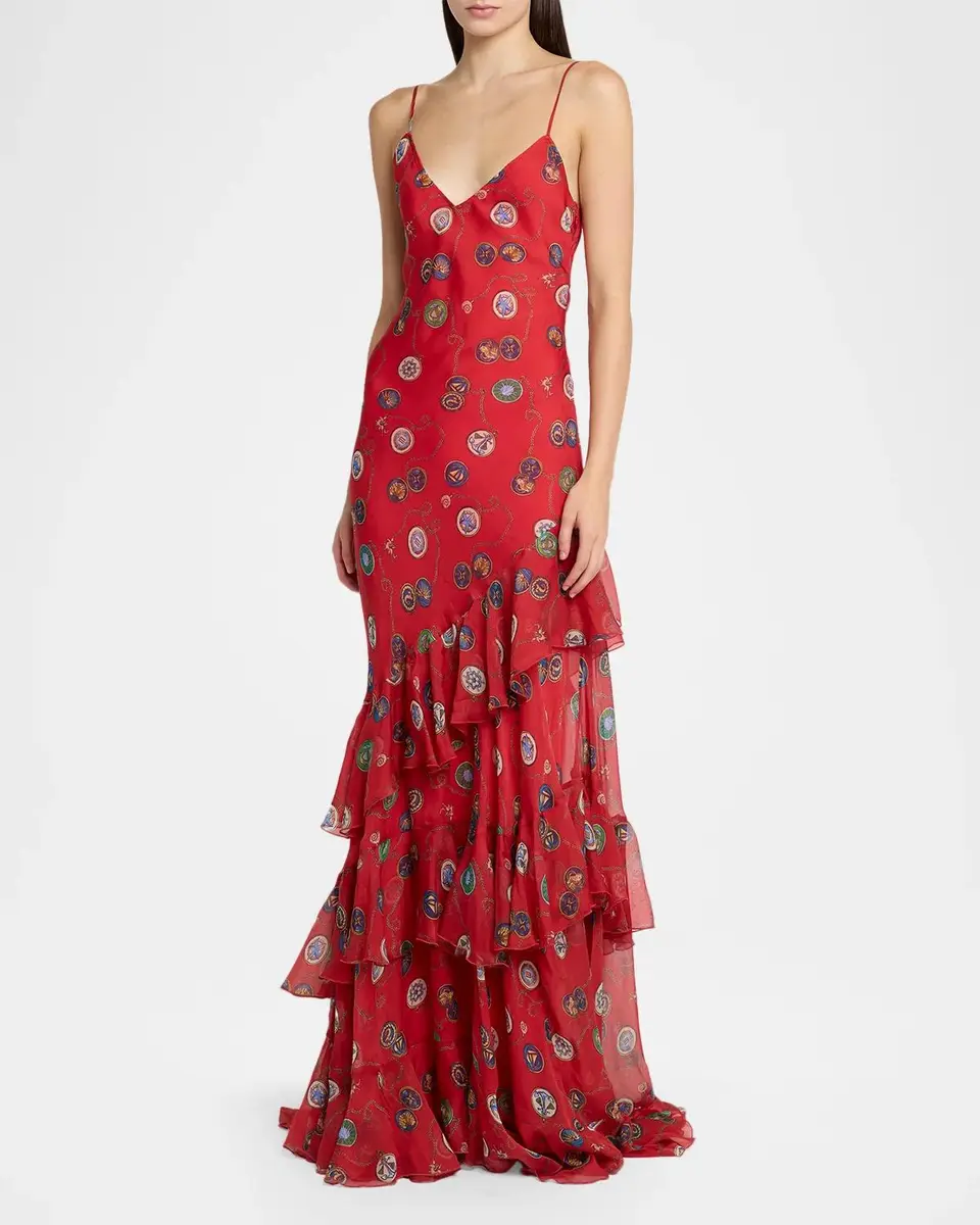 Etro Nautical-Print Silk Chiffon Tiered Ruffle Maxi Slip Dress | Thumbnail 4