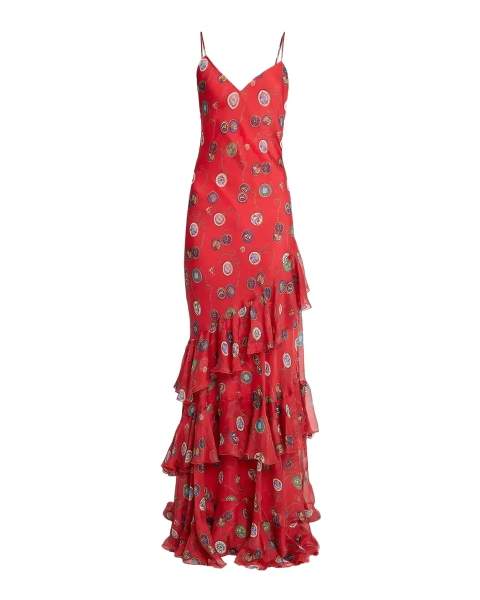 Etro Nautical-Print Silk Chiffon Tiered Ruffle Maxi Slip Dress