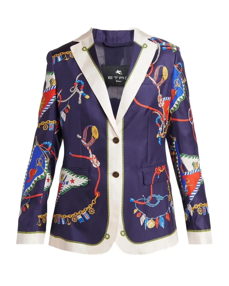 Nautical Print Satin Single-Breasted Blazer Jacket Nautical Print Satin Single-Breasted Blazer Jacket