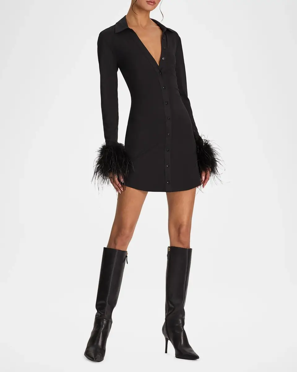 Alice + Olivia Freya Feather-Cuff Mini Shirtdress | Thumbnail 2 Alice + Olivia Freya Feather-Cuff Mini Shirtdress | Thumbnail 2