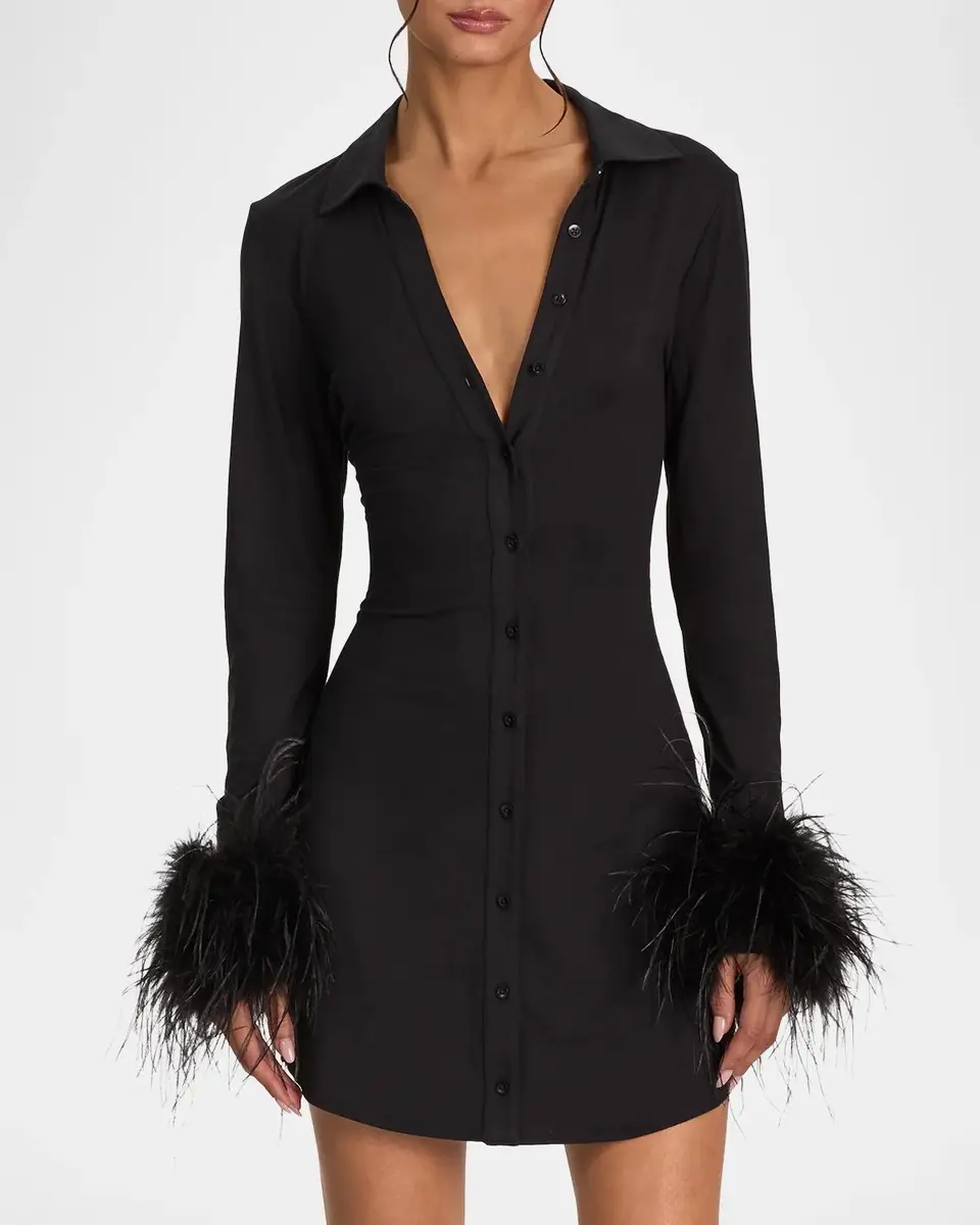Alice + Olivia Freya Feather-Cuff Mini Shirtdress | Thumbnail 4 Alice + Olivia Freya Feather-Cuff Mini Shirtdress | Thumbnail 4