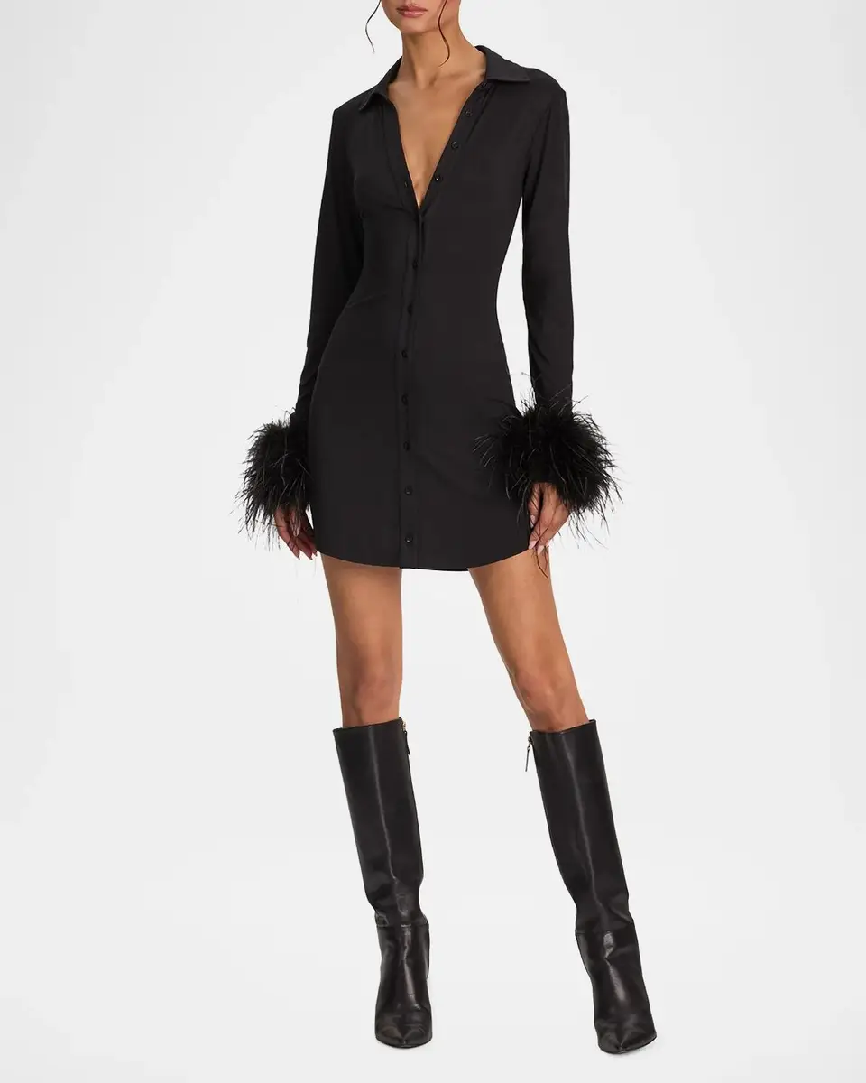 Alice + Olivia Freya Feather-Cuff Mini Shirtdress | Thumbnail 6 Alice + Olivia Freya Feather-Cuff Mini Shirtdress | Thumbnail 6