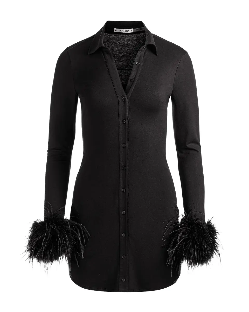 Alice + Olivia Freya Feather-Cuff Mini Shirtdress