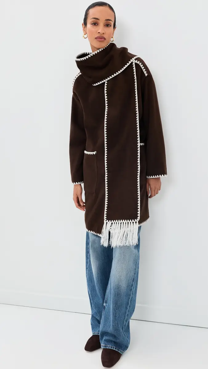 Moon River Contrast Stitching Coat with Scarf Coffee Bean | Thumbnail 2