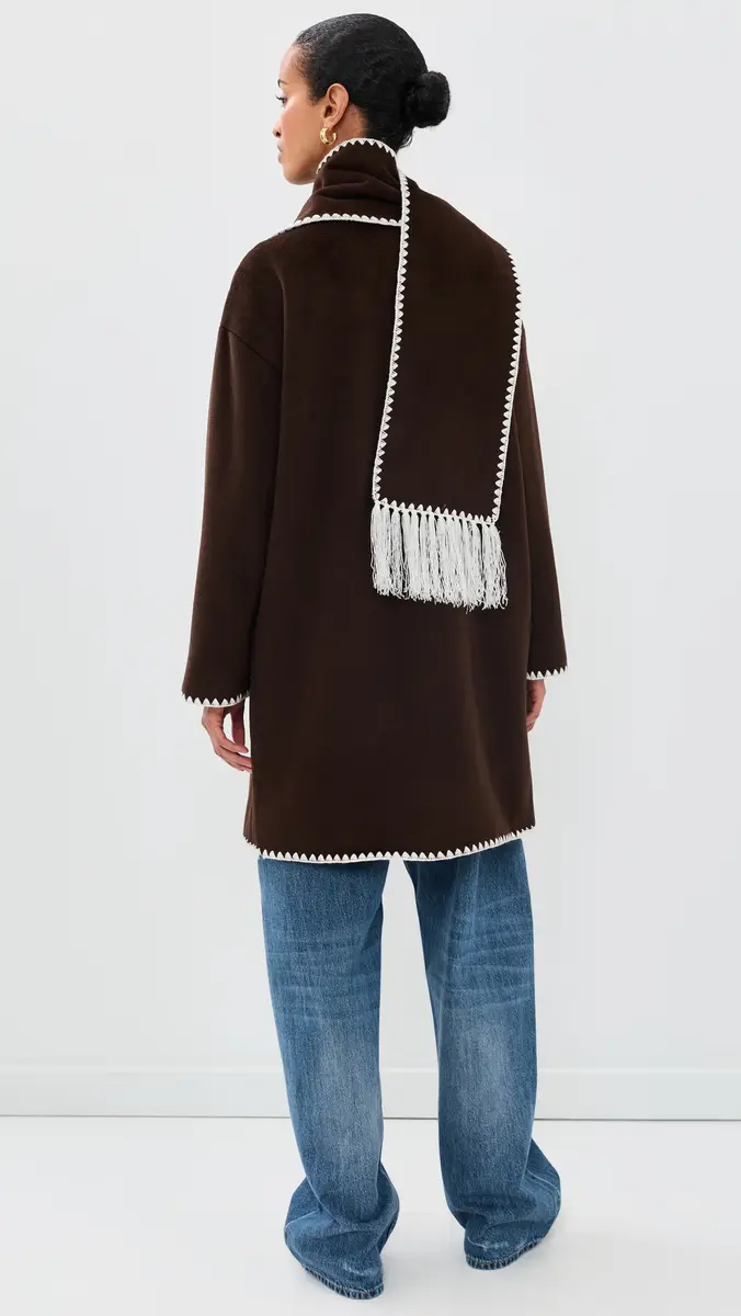 Moon River Contrast Stitching Coat with Scarf Coffee Bean | Thumbnail 3
