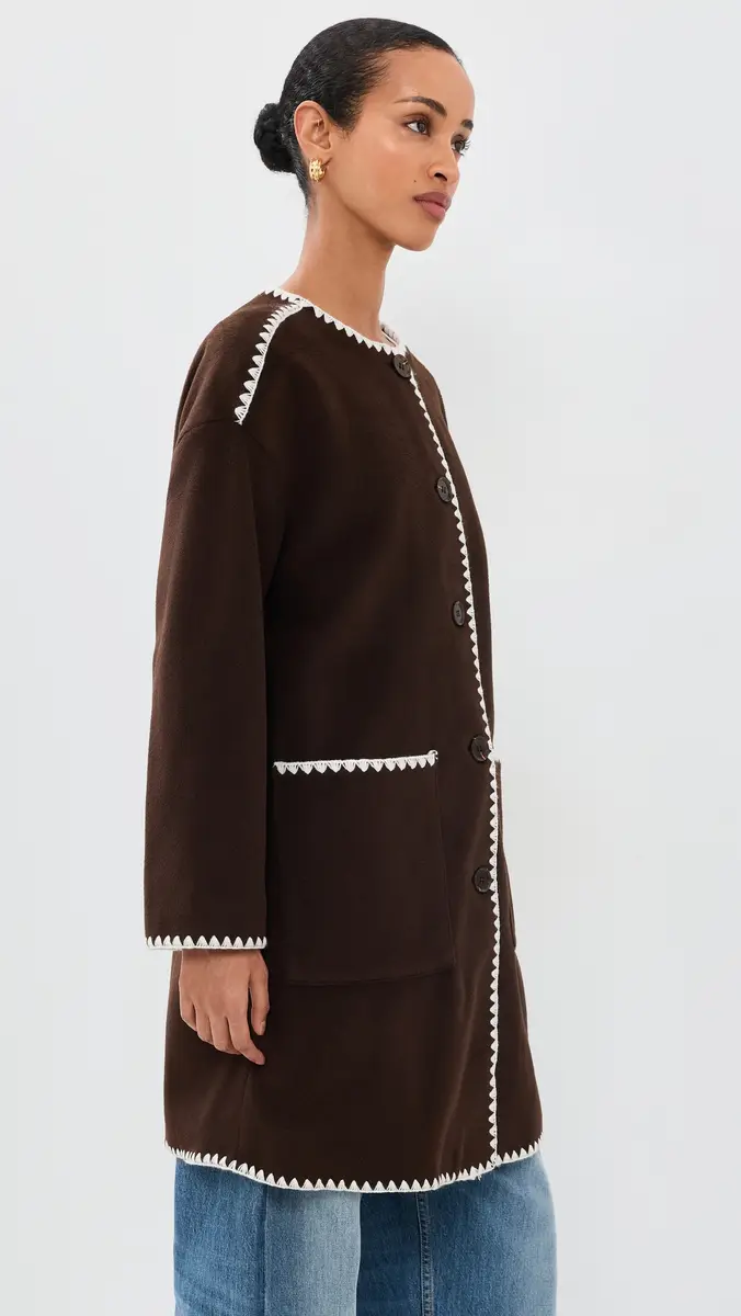 Moon River Contrast Stitching Coat with Scarf Coffee Bean | Thumbnail 4