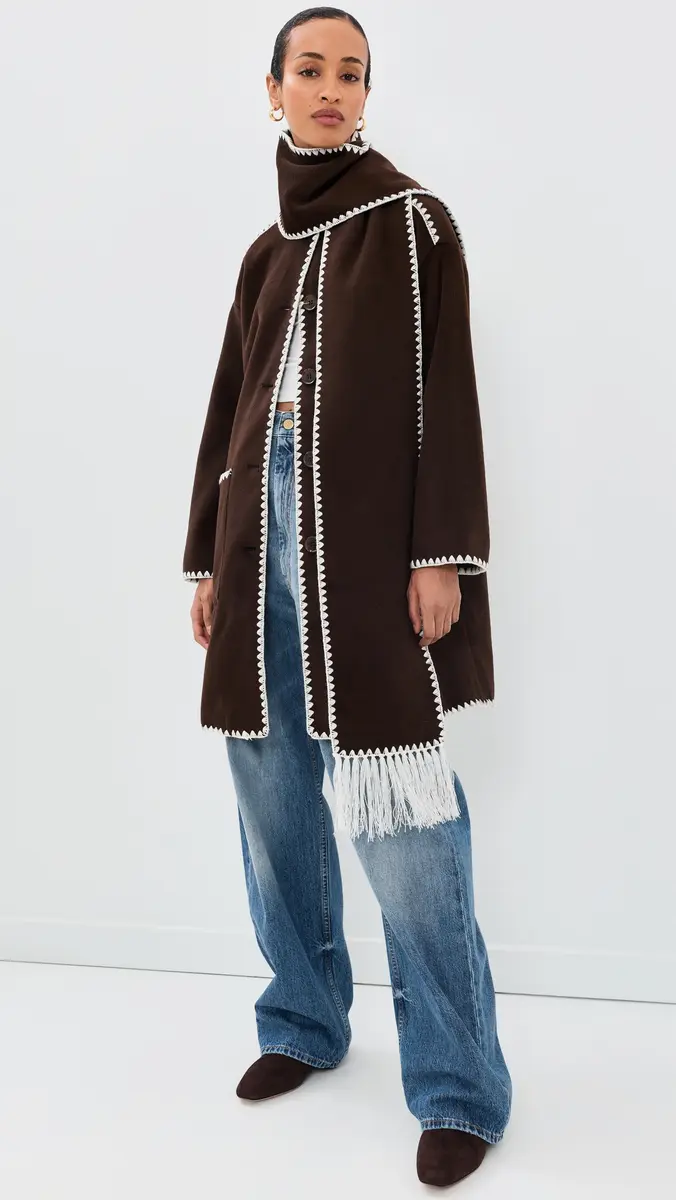 Moon River Contrast Stitching Coat with Scarf Coffee Bean | Thumbnail 5