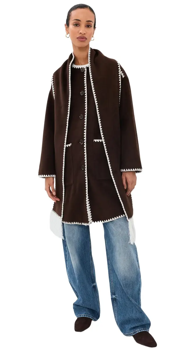 Moon River Contrast Stitching Coat with Scarf Coffee Bean