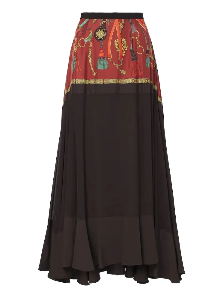 Printed ruffled silk twill maxi skirt