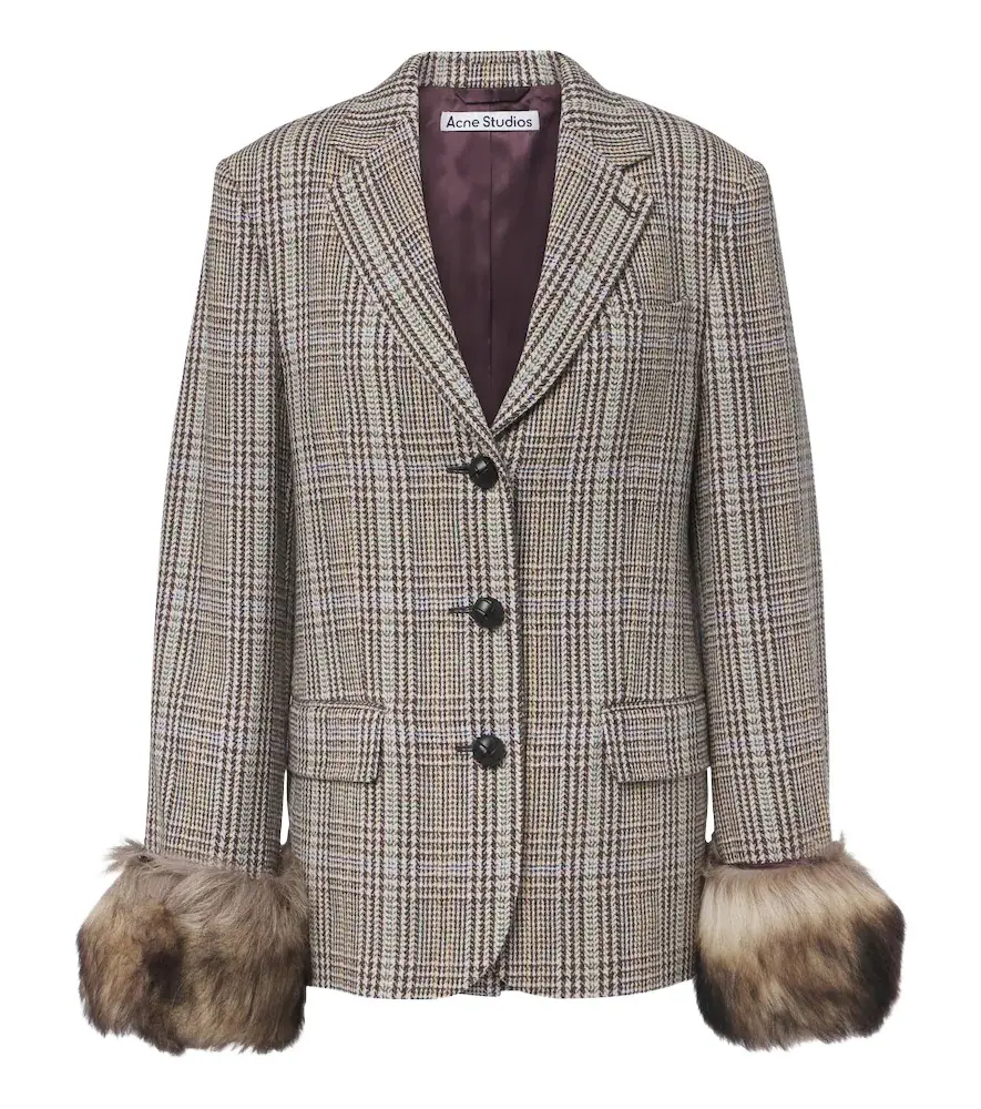 Checked shearling-trimmed wool blazer Checked shearling-trimmed wool blazer