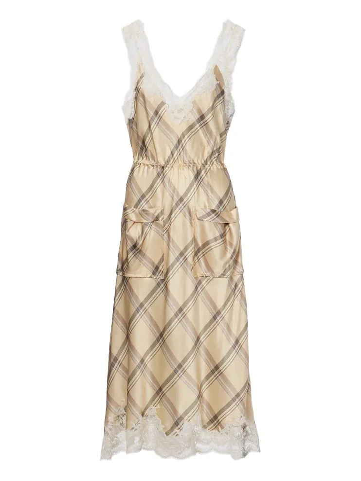 Plaid lace-trimmed silk satin midi dress