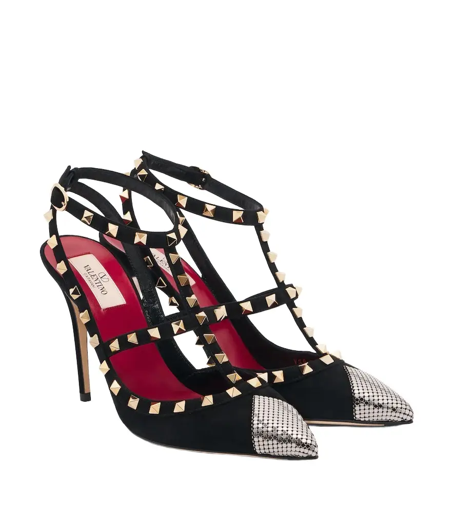 Valentino Garavani Rockstud chainmail suede pumps
