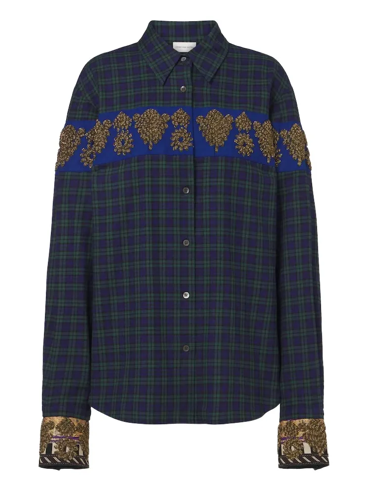 Checked embroidered cotton flannel shirt Checked embroidered cotton flannel shirt