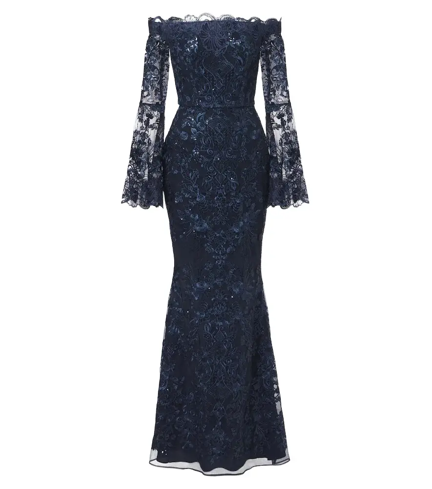 Elie Saab Sequined off-shoulder lace bustier gown
