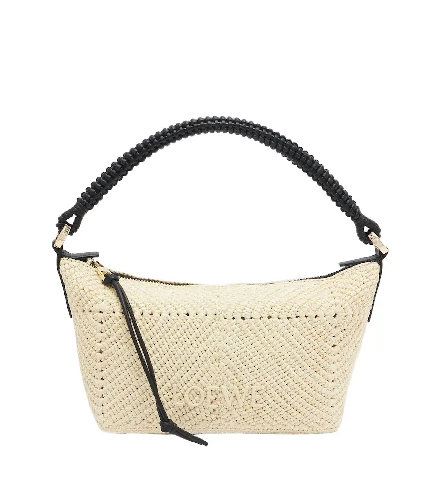 Loewe Cala Mini leather-trimmed raffia top-handle bag