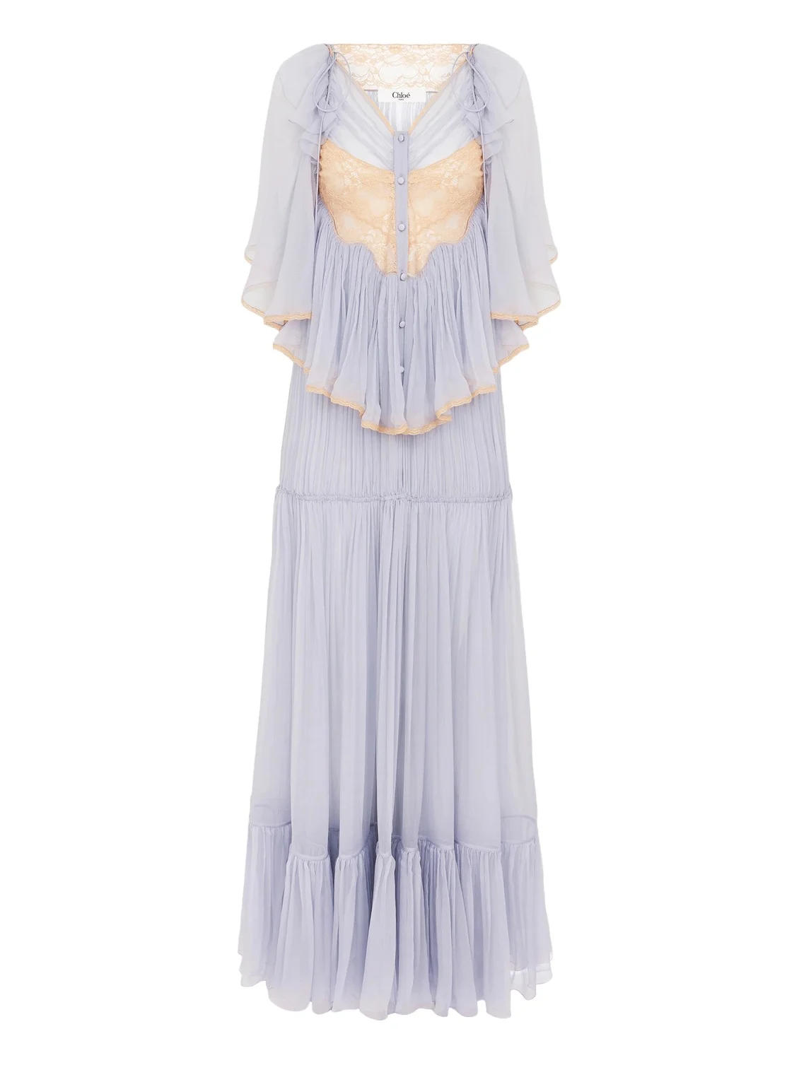 Chloé Fluid cape dress in silk mousseline & lace