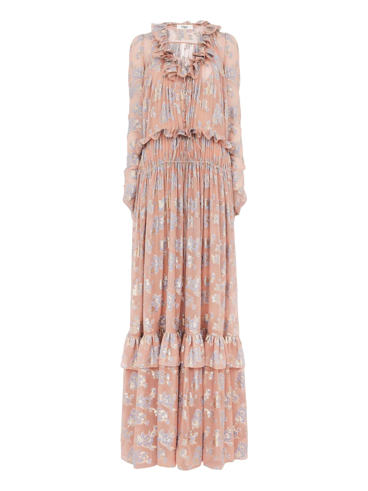 Gathered long dress in lamé silk jacquard Gathered long dress in lamé silk jacquard