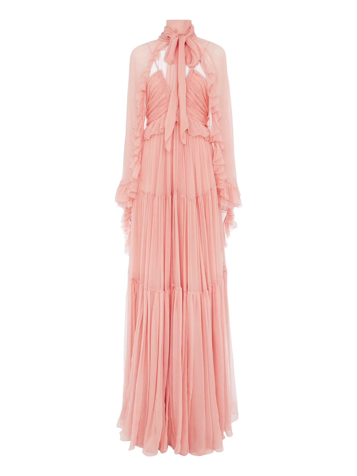 Gathered long cape dress in silk mousseline Gathered long cape dress in silk mousseline